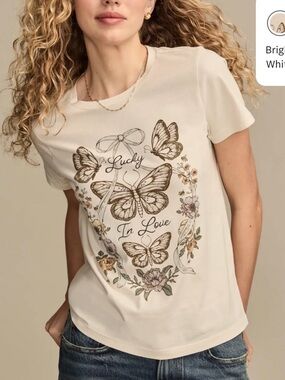 NWT Lucky Brand "Butterflies" Graphic T, Size XL, Ivory & Muted Earth Tones